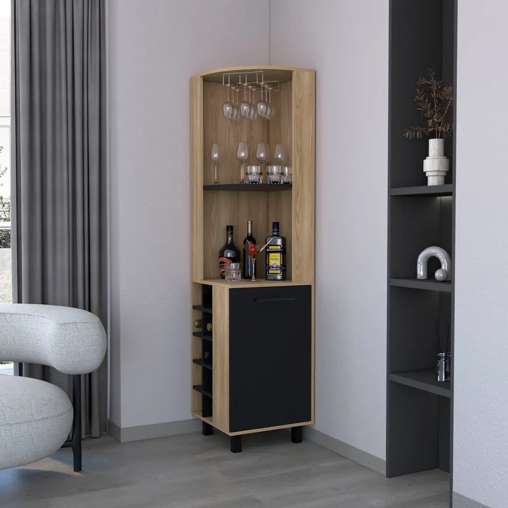 Leah Corner Bar Cabinet Glass Holder and Wine Rack fm furniture