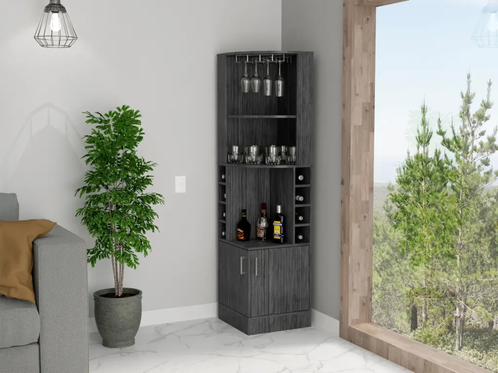 Seattle Bar Cabinet 8 Bottle Cubbies and 2 Open Shelves Freestanding fm furniture