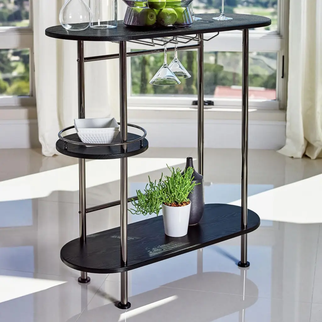 Black Nickel and Black Oak Bar Unit Stemware Rack Black Dining Room Storage Cabinet furniture max