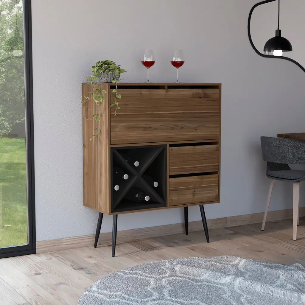 Black Wengue 4 Bottle 2 Drawer Bar Cabinet Mahogany And Brown Particle Board furniture max