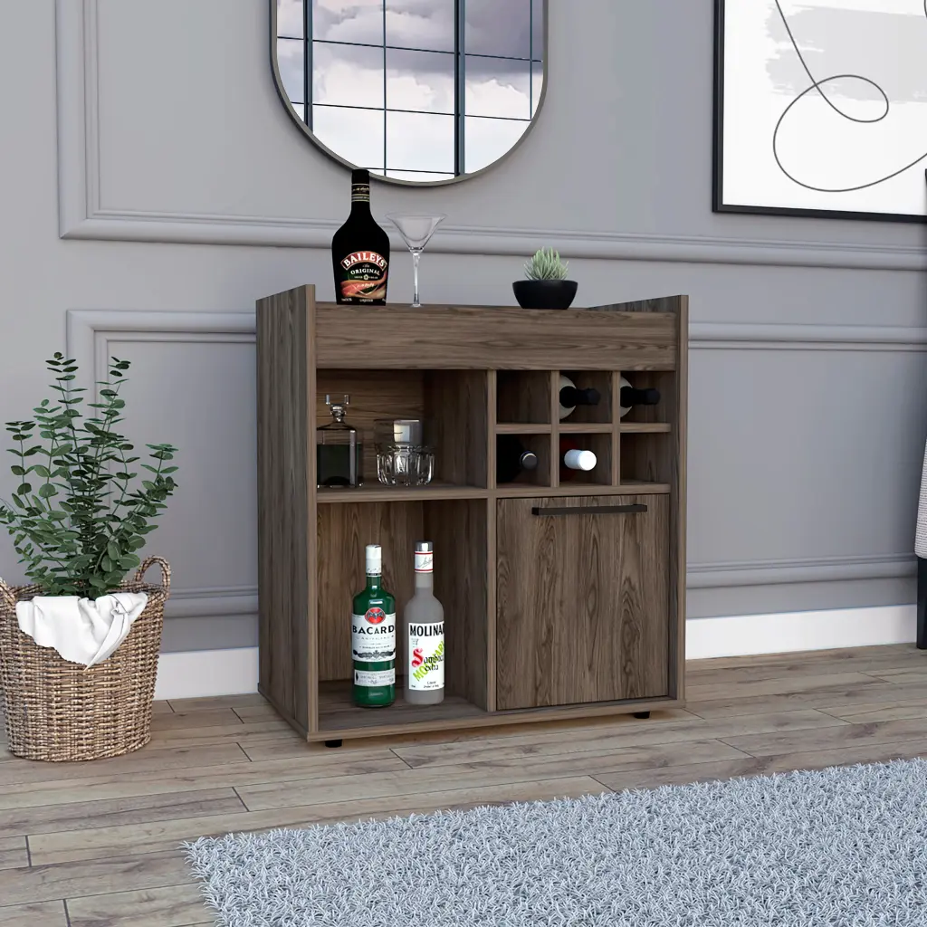 Dark Walnut 6 Bottle 2 Shelf Bar Cabinet Brown Particle Board furniture max