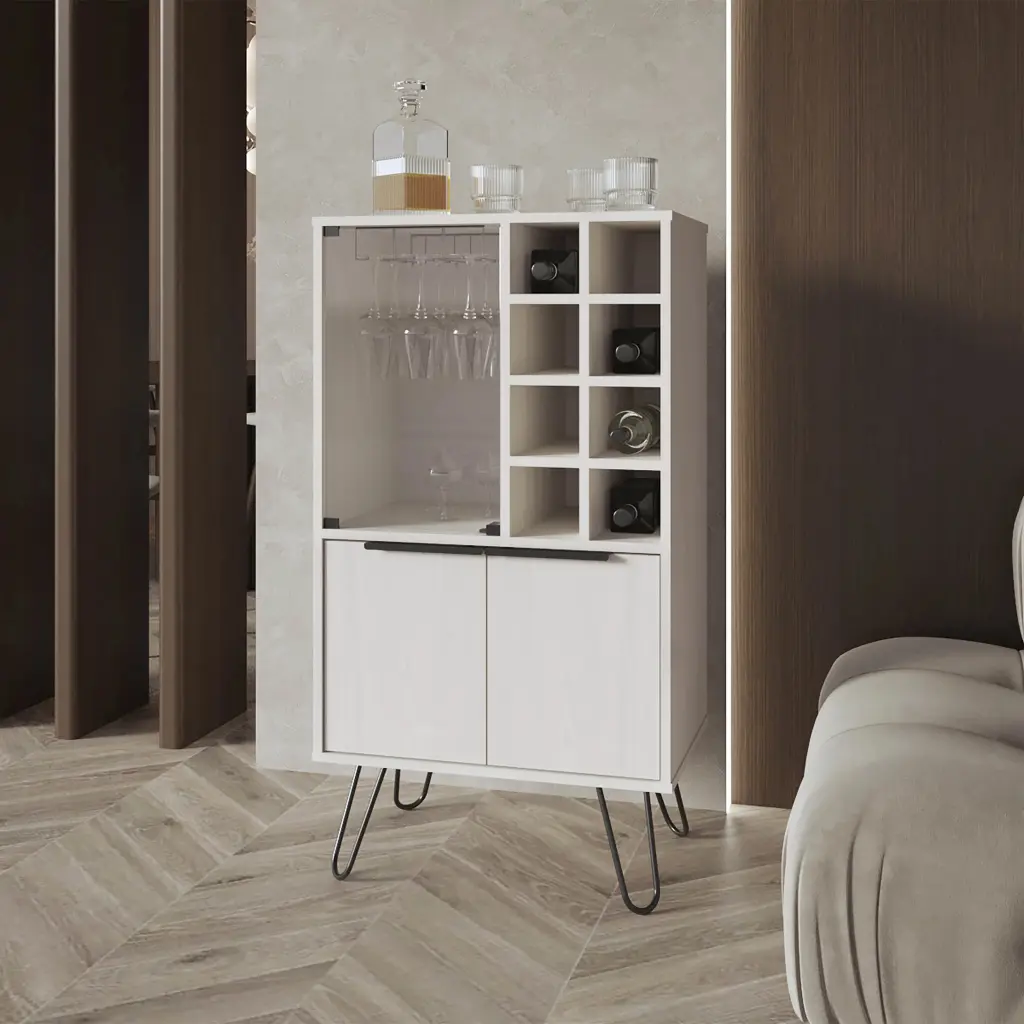 White Bar Cabinet Crystal Rack And Wine Storage White Oak Melamine furniture max