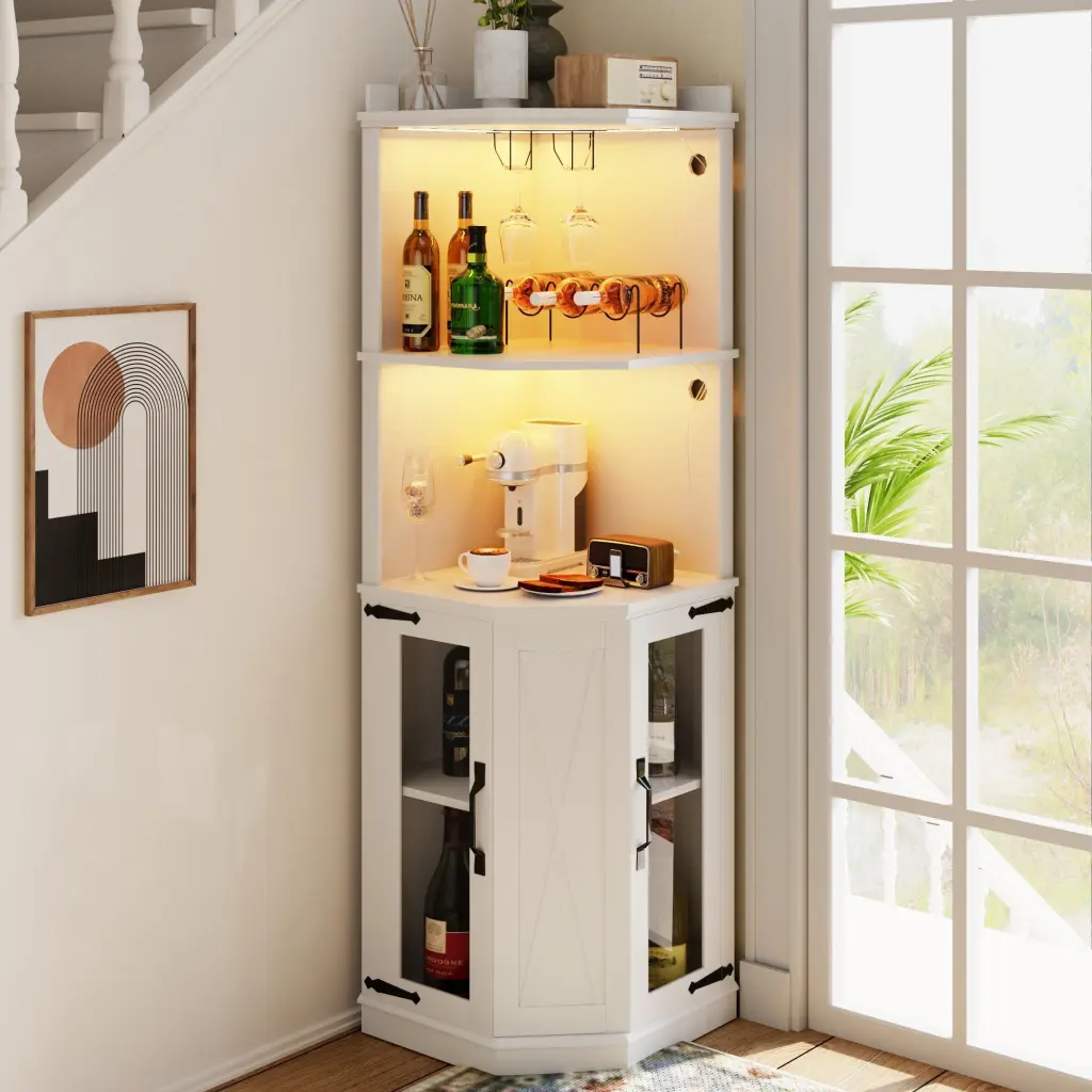 67.7 Inch Corner Bar Cabinet Power Outlet Farmhouse Wine Bar memory valley