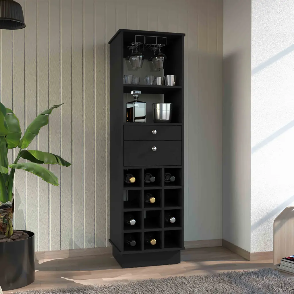 Classic Bar Cabinet Two Drawers Twelve Built Wine Rack Black Finish rta mubles colombia