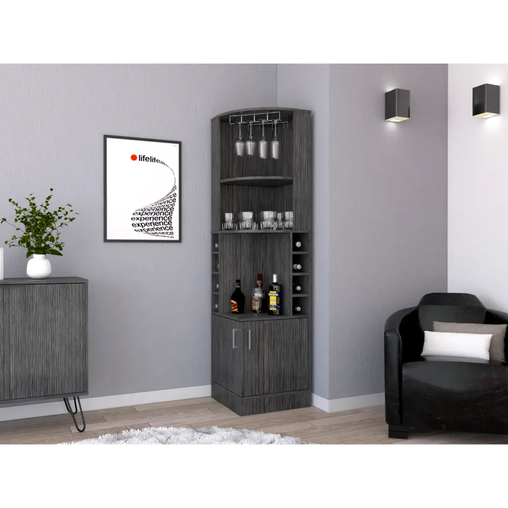 71 Inch H Smoke Oak Corner Bar Cabinet Two Shelves and Glass Door rta mubles colombia