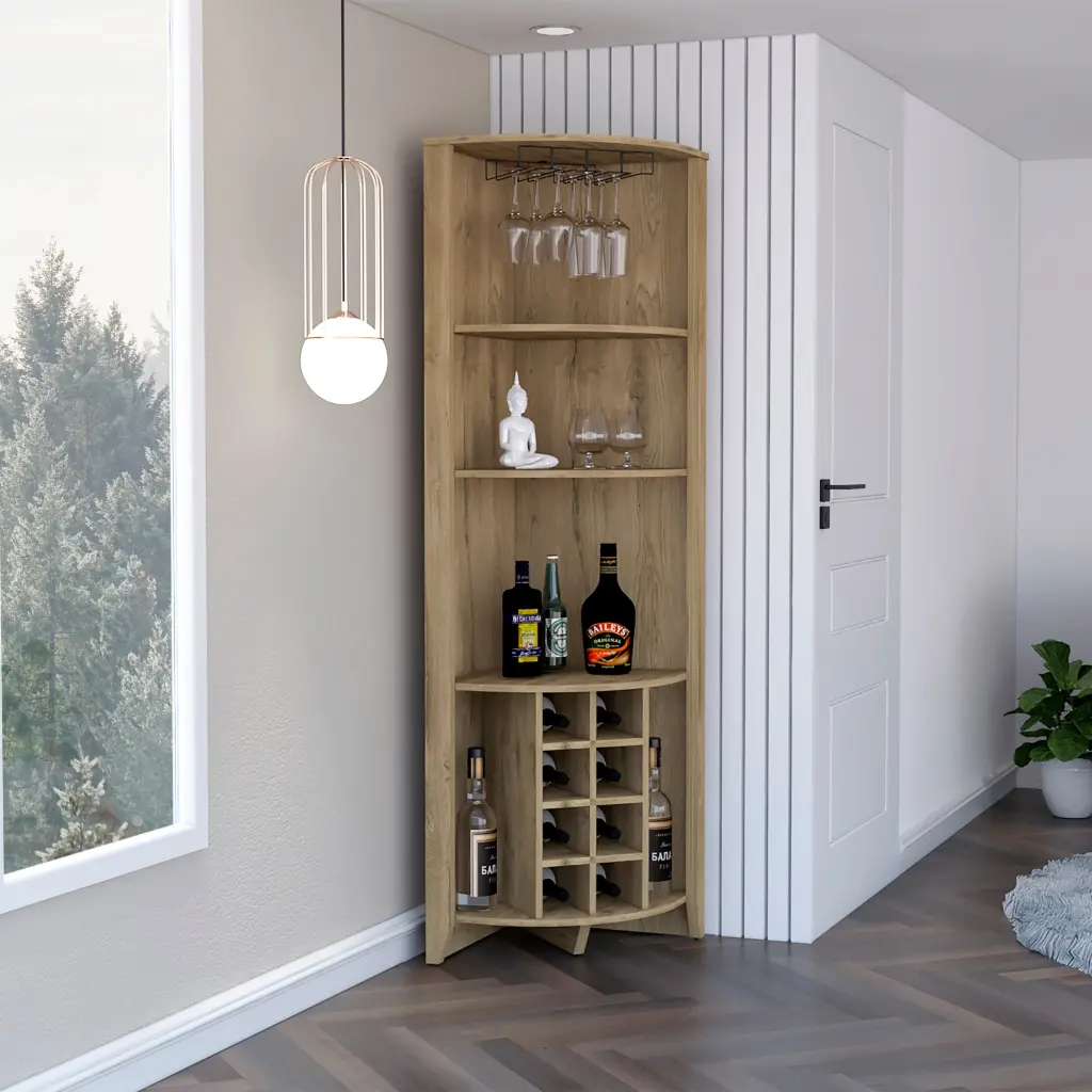 Essential Corner Bar Cabinet Three Shelves and Wine Rack rta muebles colombia