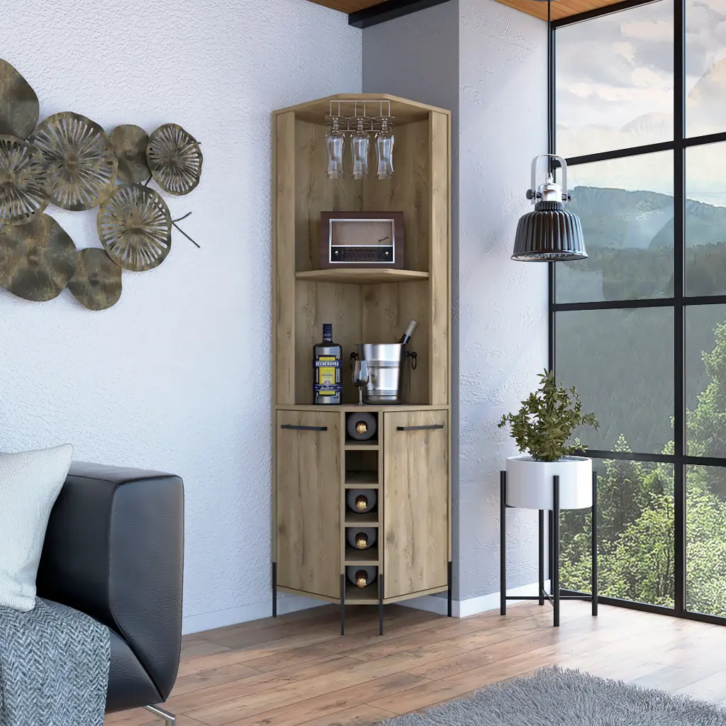 Hans Corner Bar Cabinet Two Shelves and Five Built- Wine Rack Macadamia rta muebles colombia