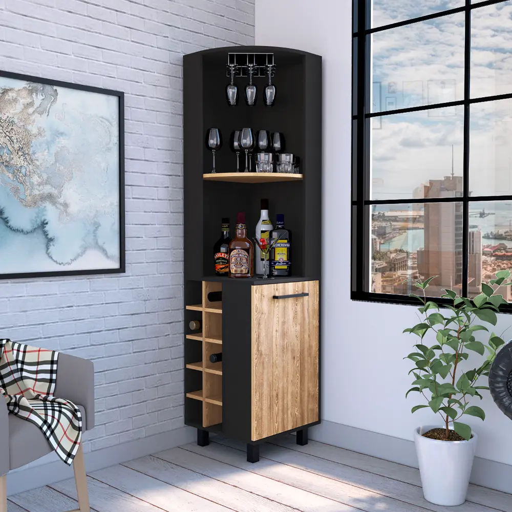 Kaia Corner Bar Cabinet Two Shelves and Wine Rack Home Bar Storage rta muebles colombia