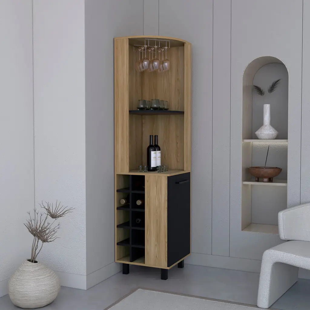 Kaia 70 Inch Tall Corner Bar Cabinet Four Shelves and Ten Wine Bottle Storage rta muebles colombia