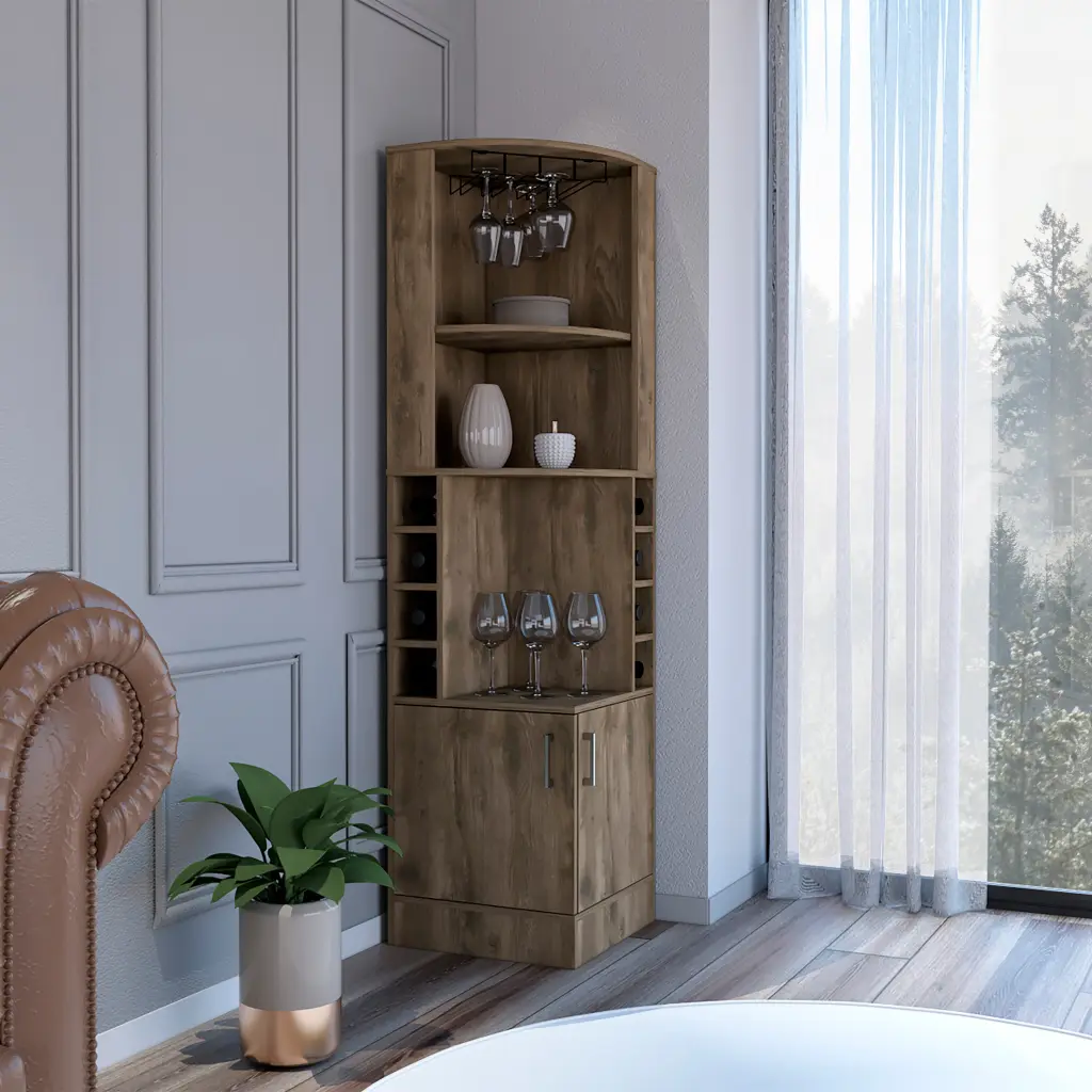 Syrah Corner Bar Cabinet, Eight Bottle Cubbies, Double Door, Two Open Shelves rta muebles colombia