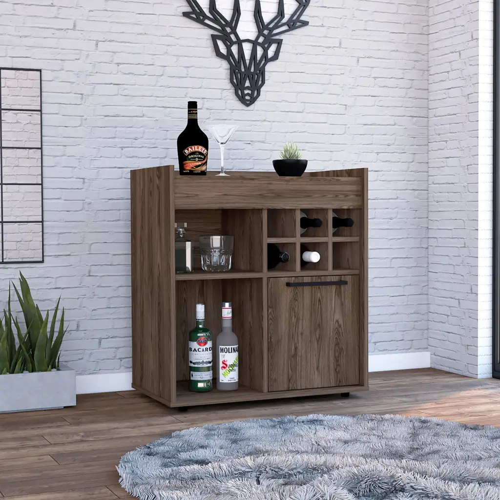 Bar Cabinet Dext Two Concealed Shelves Six Wine Cubbies Dark Walnut Modern Bar treevol furniture