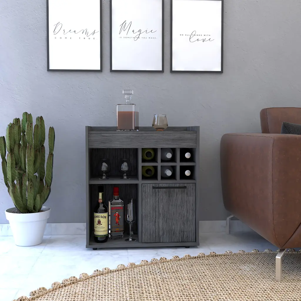 Bar Cabinet Two Concealed Shelves Six Wine Cubbies Light Gray Finish treevol furniture