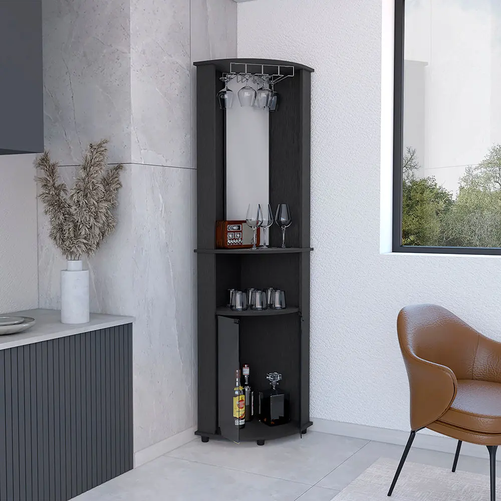 Corner Bar Cabinet Rialto Three Shelves Black Wengue Finish Pantry treevol furniture