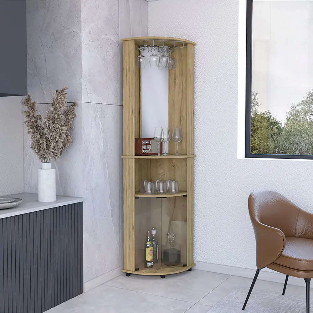 Corner Bar Cabinet Rialto Three Shelves Macadamia Finish Beige treevol furniture