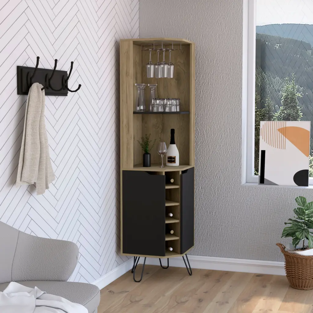 Audra Corner Bar Cabinet Six Built Wine Rack Two Shelves Four Shelves tuhome