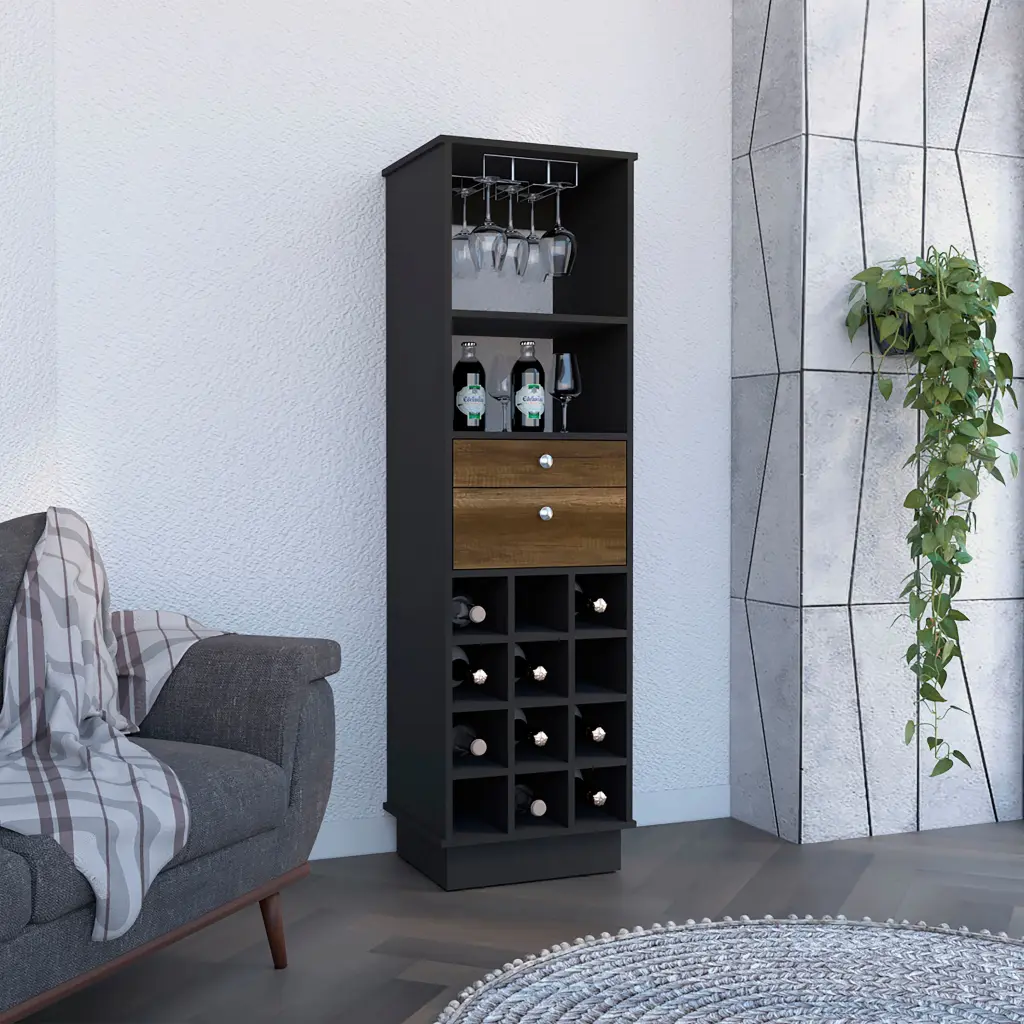 Classic Bar Cabinet Two Drawers and Twelve Built- Wine Rack Black Walnut tuhome