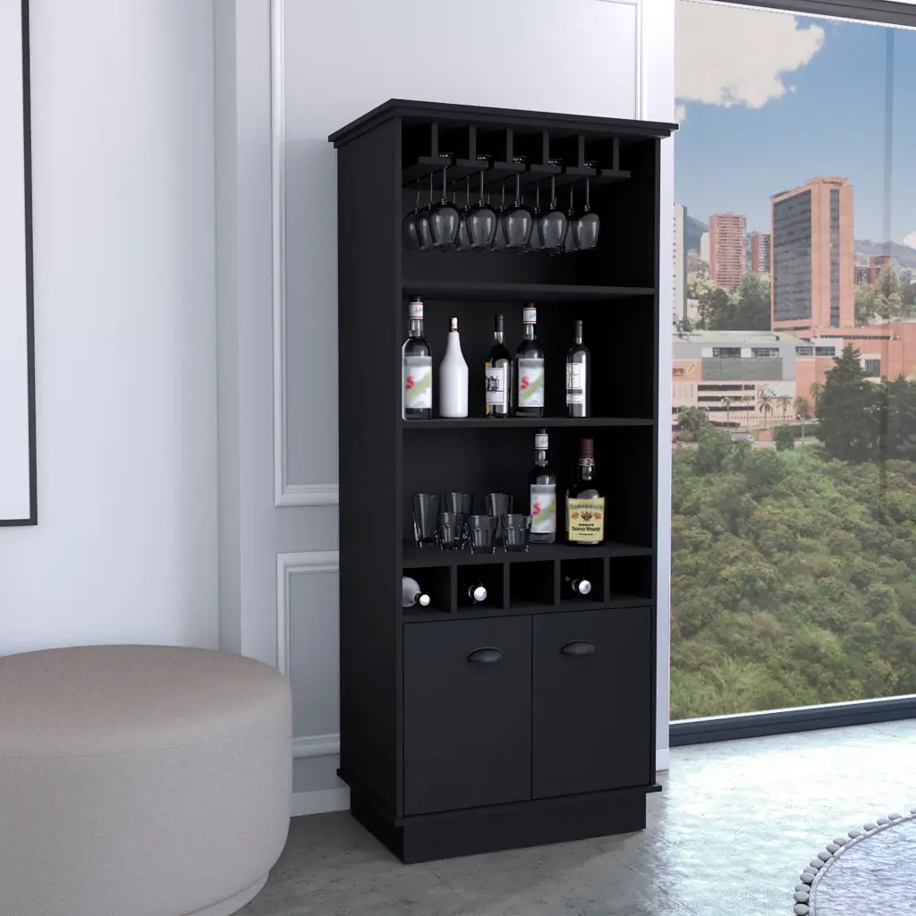 Dundee 70 Inch High 10 Crystal Bar Cabinet 5 Cubbies And 3 Open Shelves tuhome