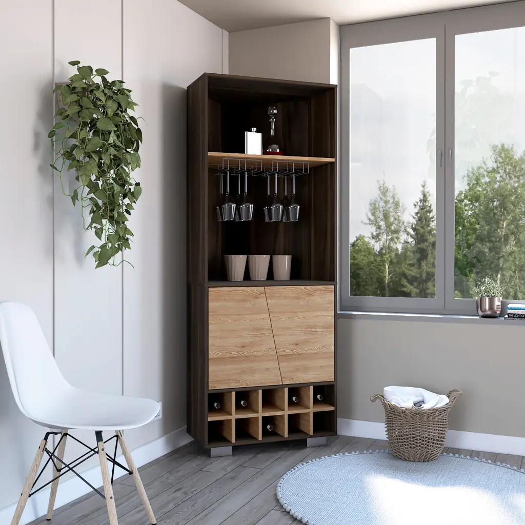 Fraktal Corner Bar Cabinet Built- Wine Rack and Double Shelves tuhome