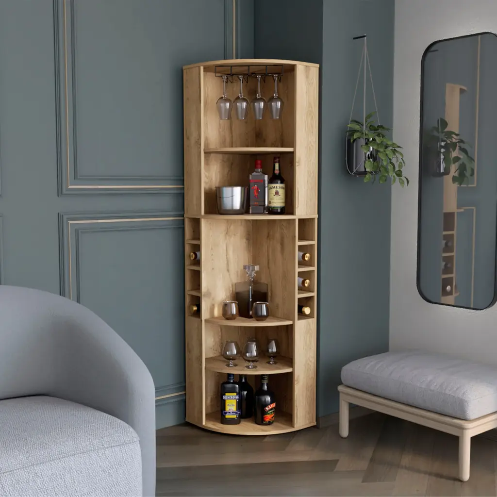 Oban Corner Bar Cabinet Five Shelves Eight Bottle Cubbies tuhome