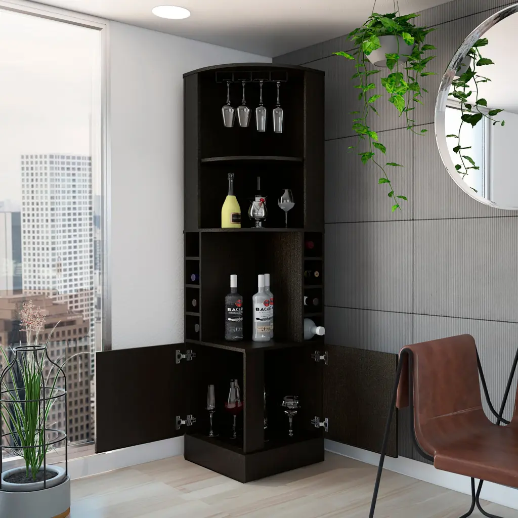 Syrah Corner Bar Cabinet Eight Bottle Cubbies Double Door Two Open Shelves tuhome