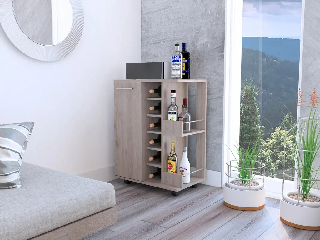 Bartlet 2 Shelf 6 Bottle Bar Cart Divisions Light Oak Finish furniture max