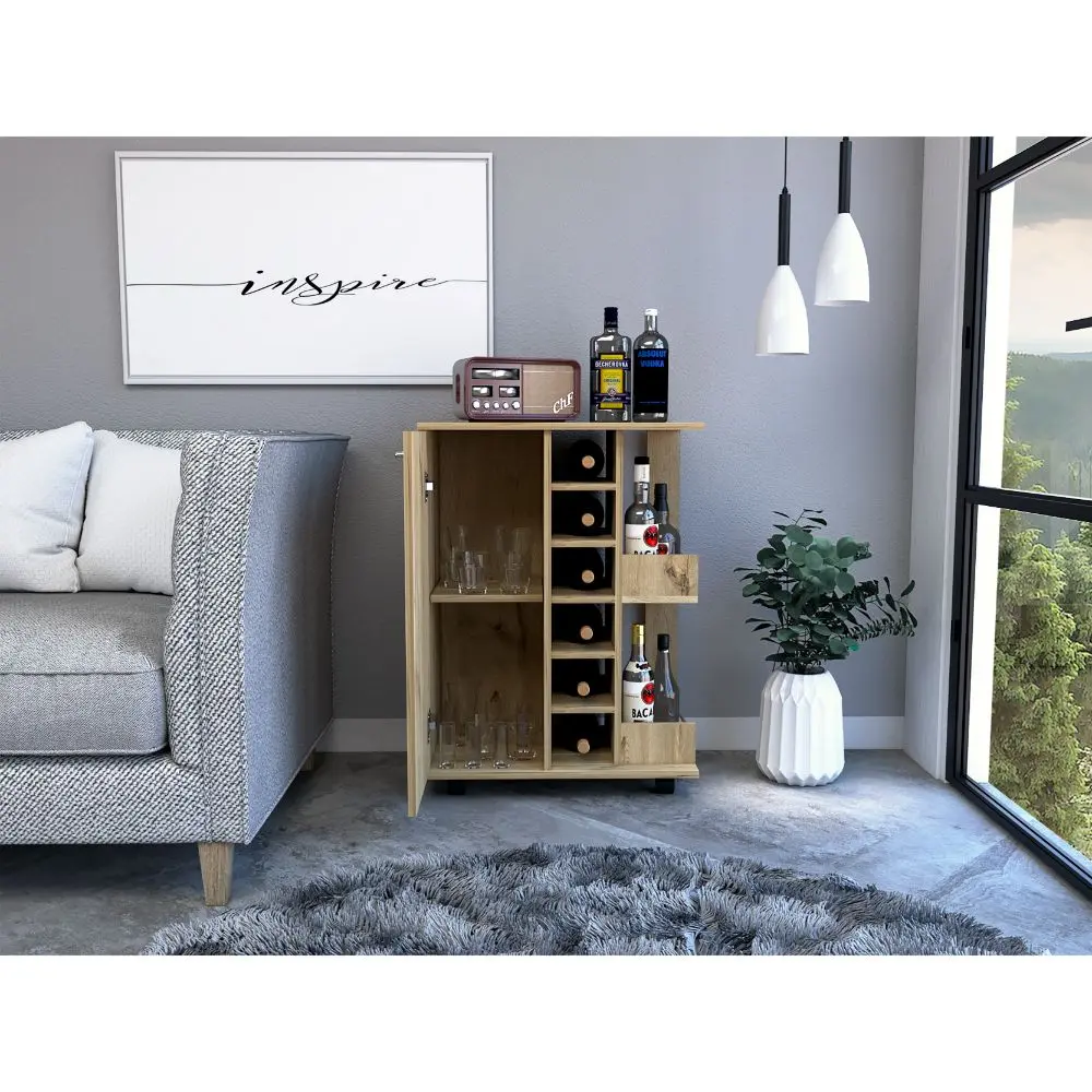 Bartlet 2 Shelf 6 Bottle Bar Shopping Basket Division Light Oak Finish furniture max