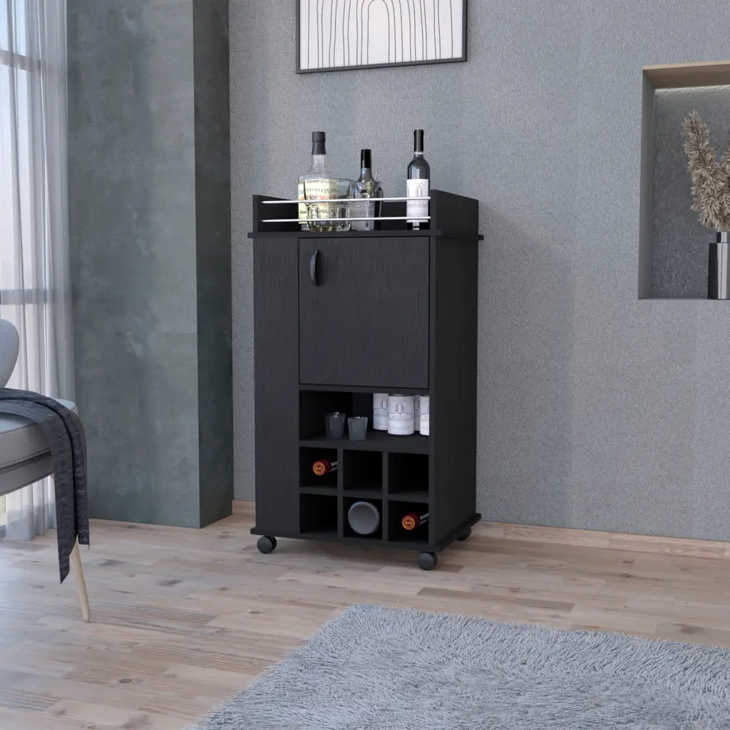 Farson Bar Cart 2 Side Shelves 6 Bottle Wine Rack And Casters Black rta muebles colombia