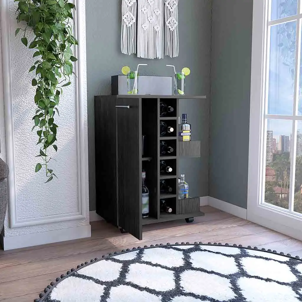 Bar Cart Wells Four Casters Six Wine Cubbies and Single Door Cabinet treevol furniture