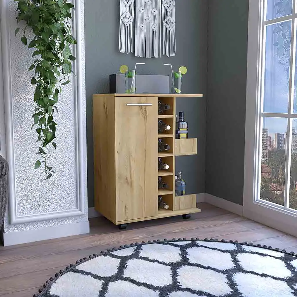 Bar Cart Wheels Four Casters Six Wine Cubbies Single Door Cabinet Living Room treevol furniture