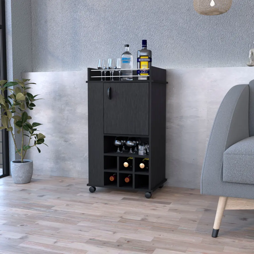 Reese Black Bar Cart Casters, Six Wine Cubbies and Single Door treevol furniture
