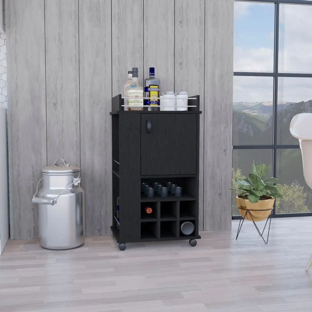 Fargo Bar Cart Cabinet 6 Constructed Wine Rack And Casters Black tuhome