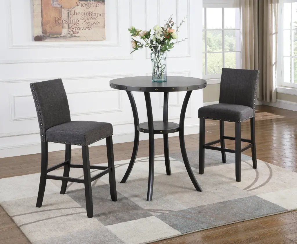 Biony 36 Inch Round Espresso Finish Bar Table 2 Gray Bar Stools hz