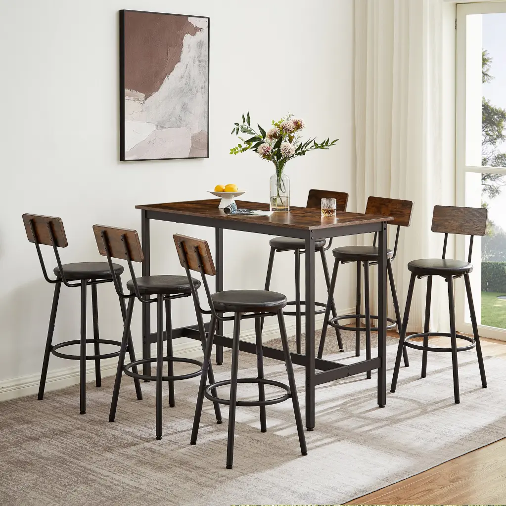 Industrial Style Pub High Dining Table 7 Piece Set 6 PU Leather Chairs cz store