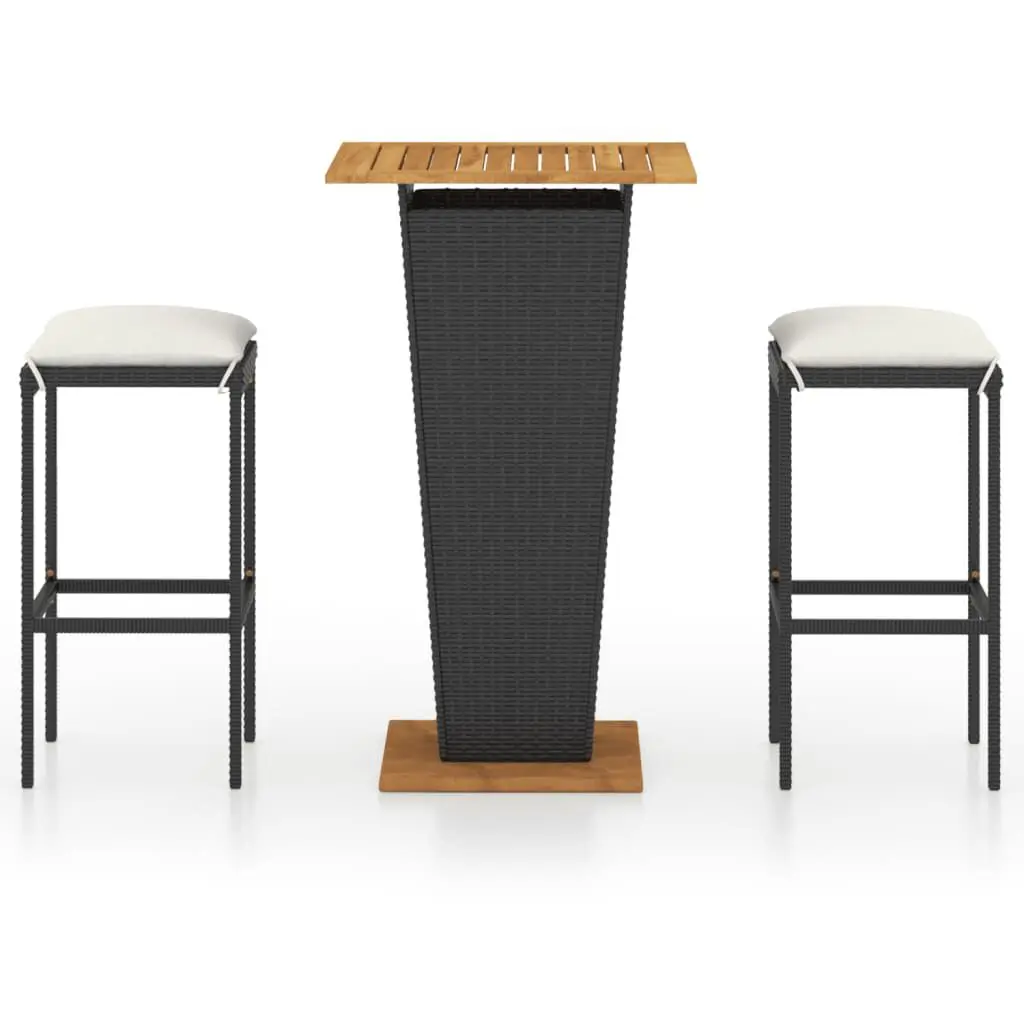 Black Poly Rattan 3 Piece Patio Bar Set Cushions