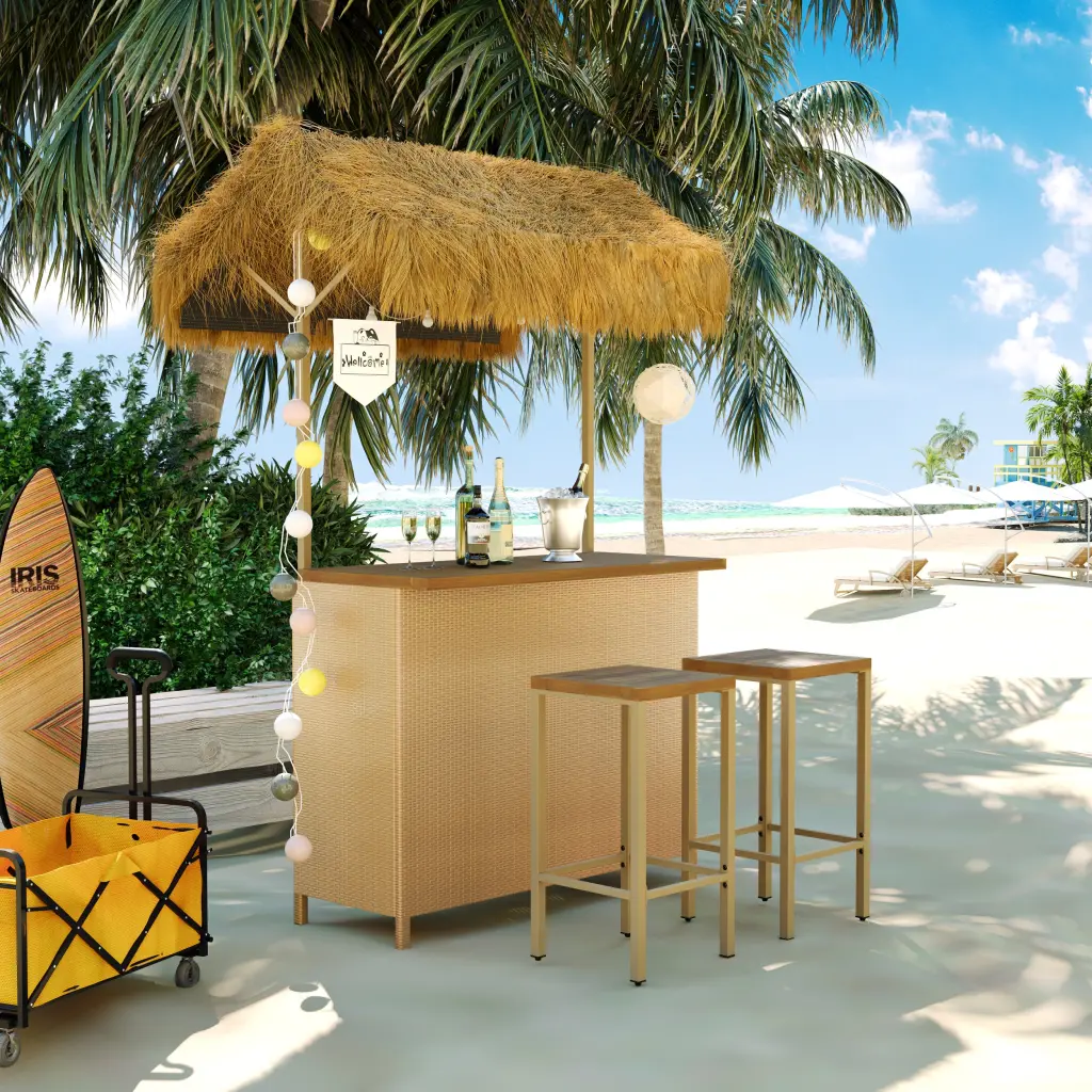 Hawaiian Style Bar Height Patio Set PE Grass Canopy Outdoor Use go
