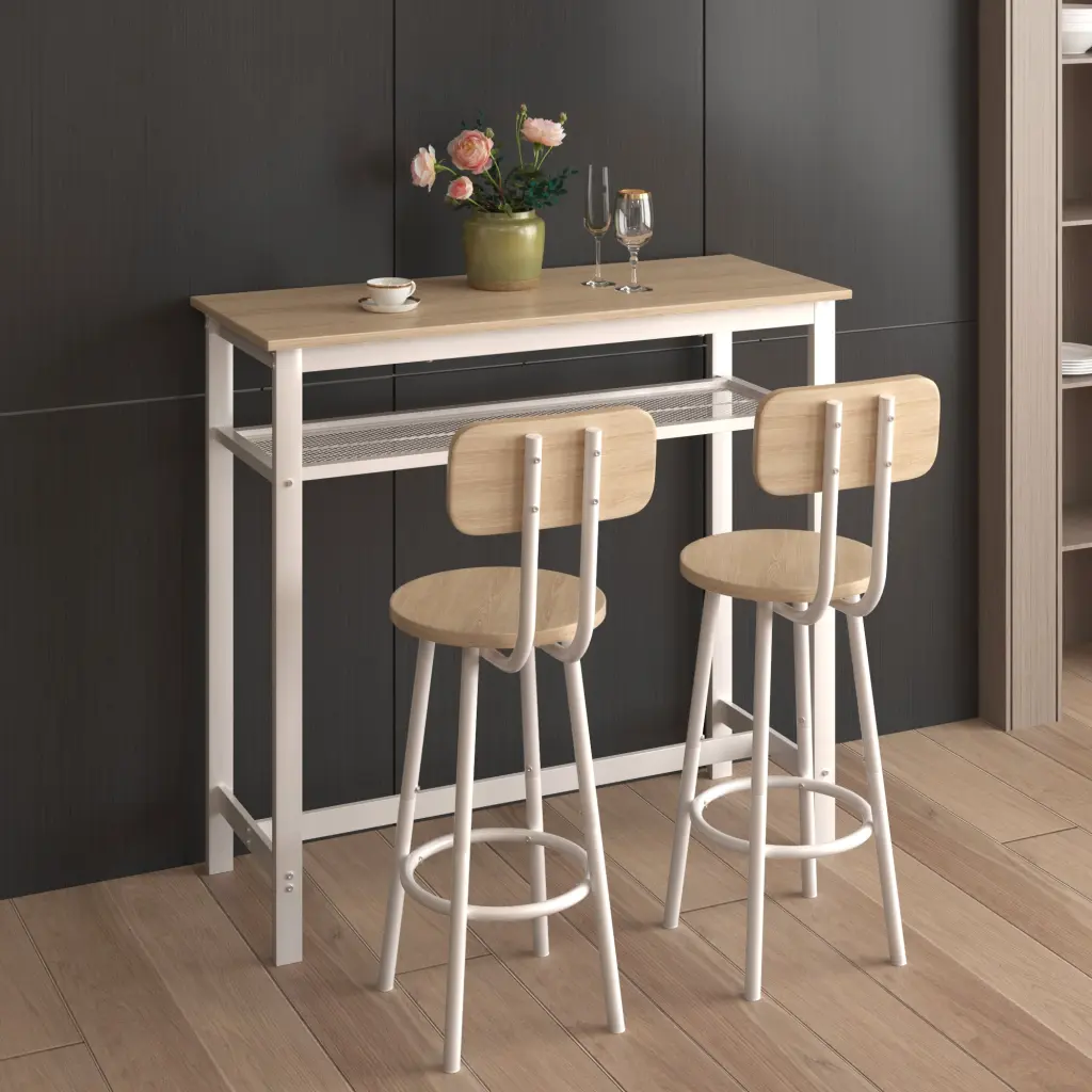 Bar Table 2 Bar Stools Backrest and Partition Beige hs furniture