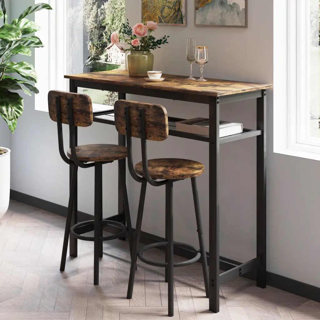 Bar Table 2 Bar Stools Backrest And Partition Rustic Finish hs furniture