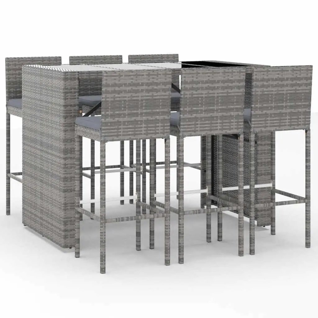 7 Piece Gray Poly Rattan Patio Bar Set Cushions