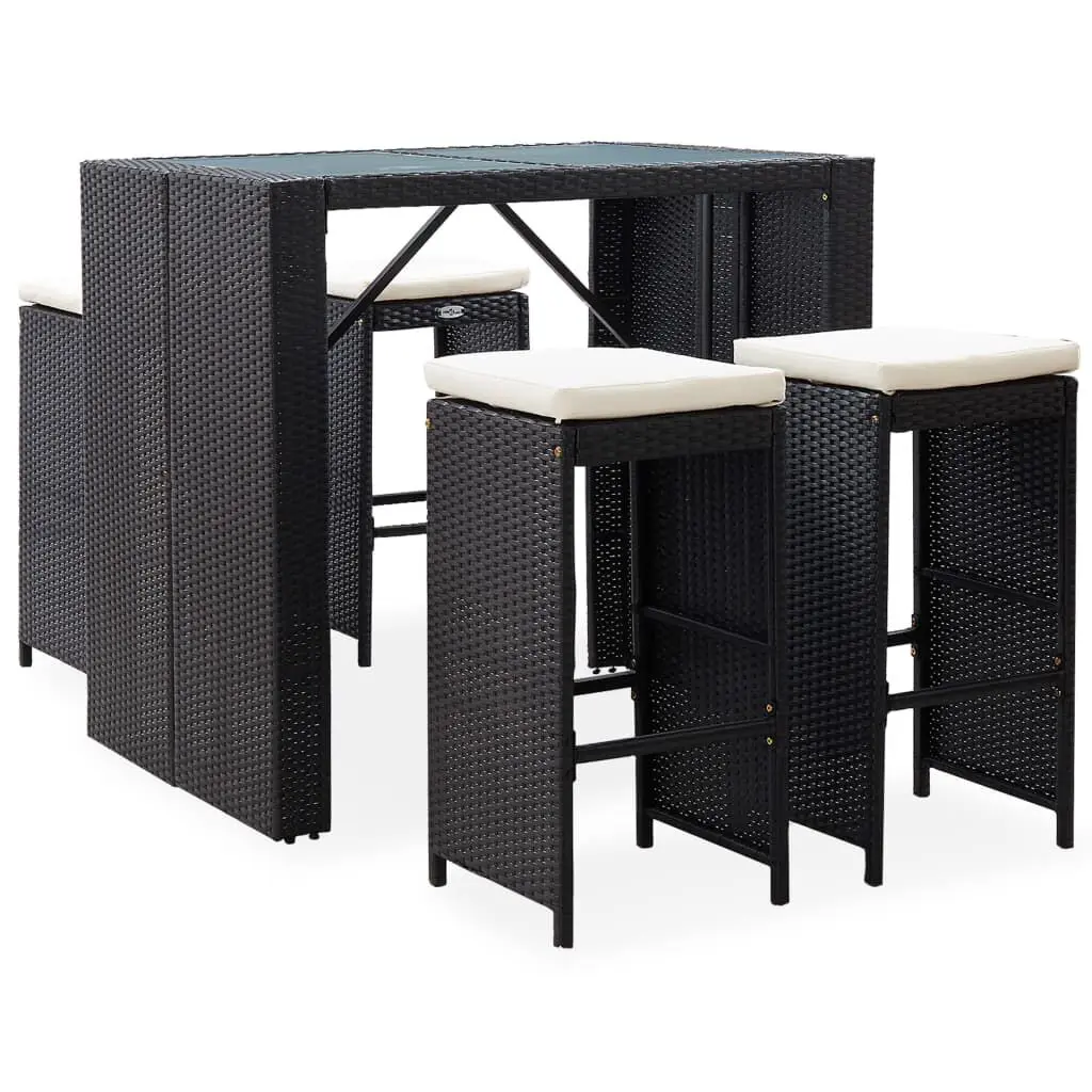 5 Piece Patio Bar Set Poly Rattan and Glass Black Outdoor Bar Furniture