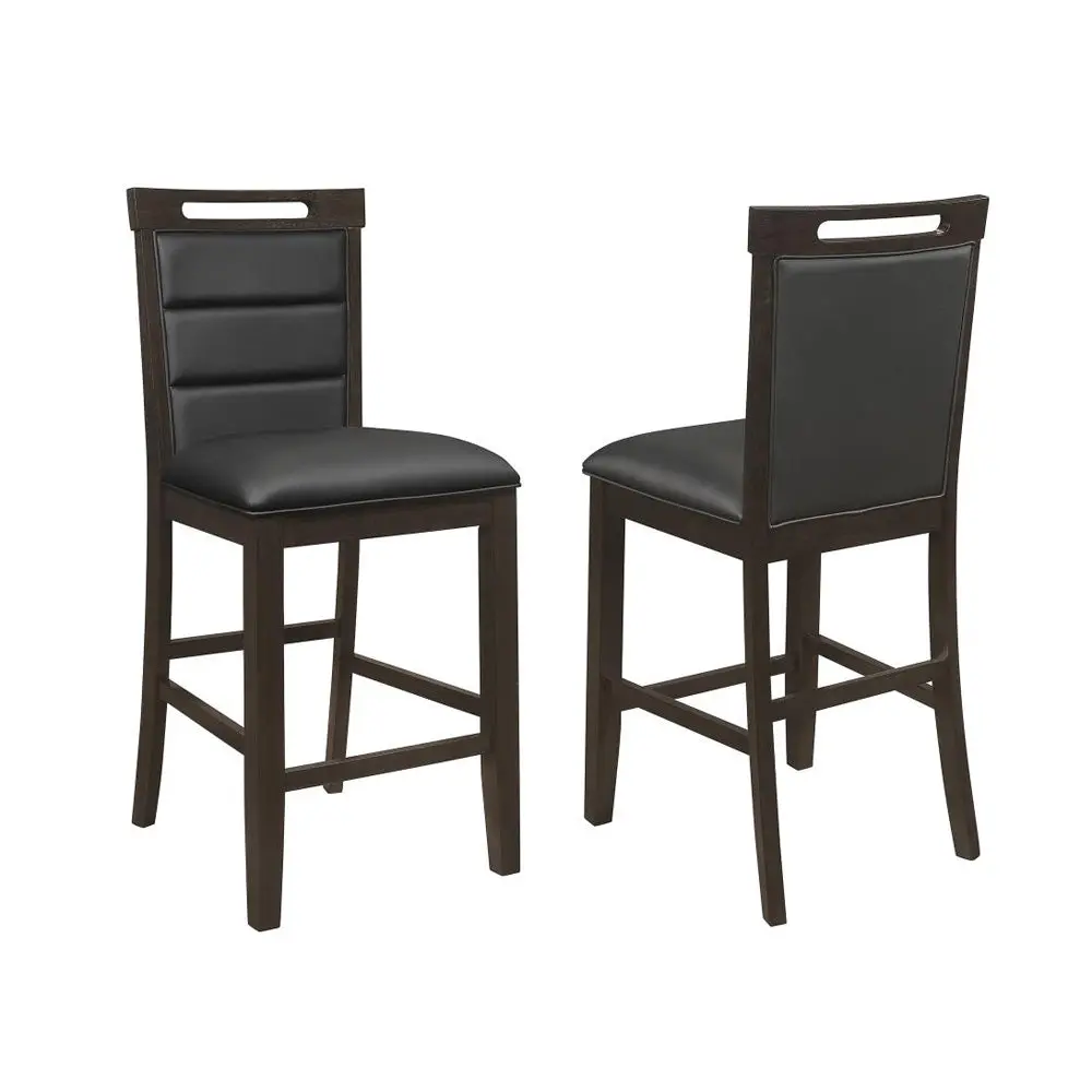 Set 2 Black Fabric Upholstered Counter Height Chairs Cappuccino Solid Wood Legs simple relax