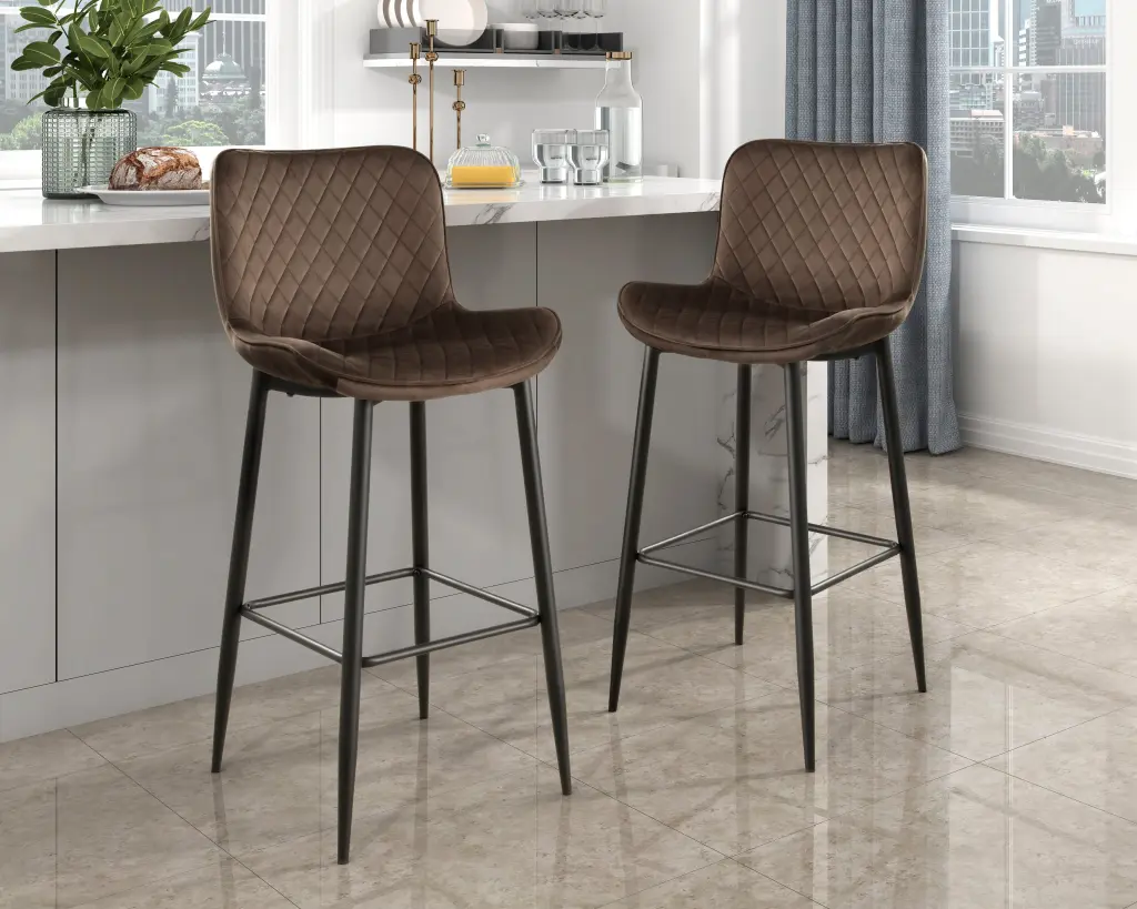Set 2 Pub Height Chairs Brown Velvet Upholstery Modern Dining Stools kanepe