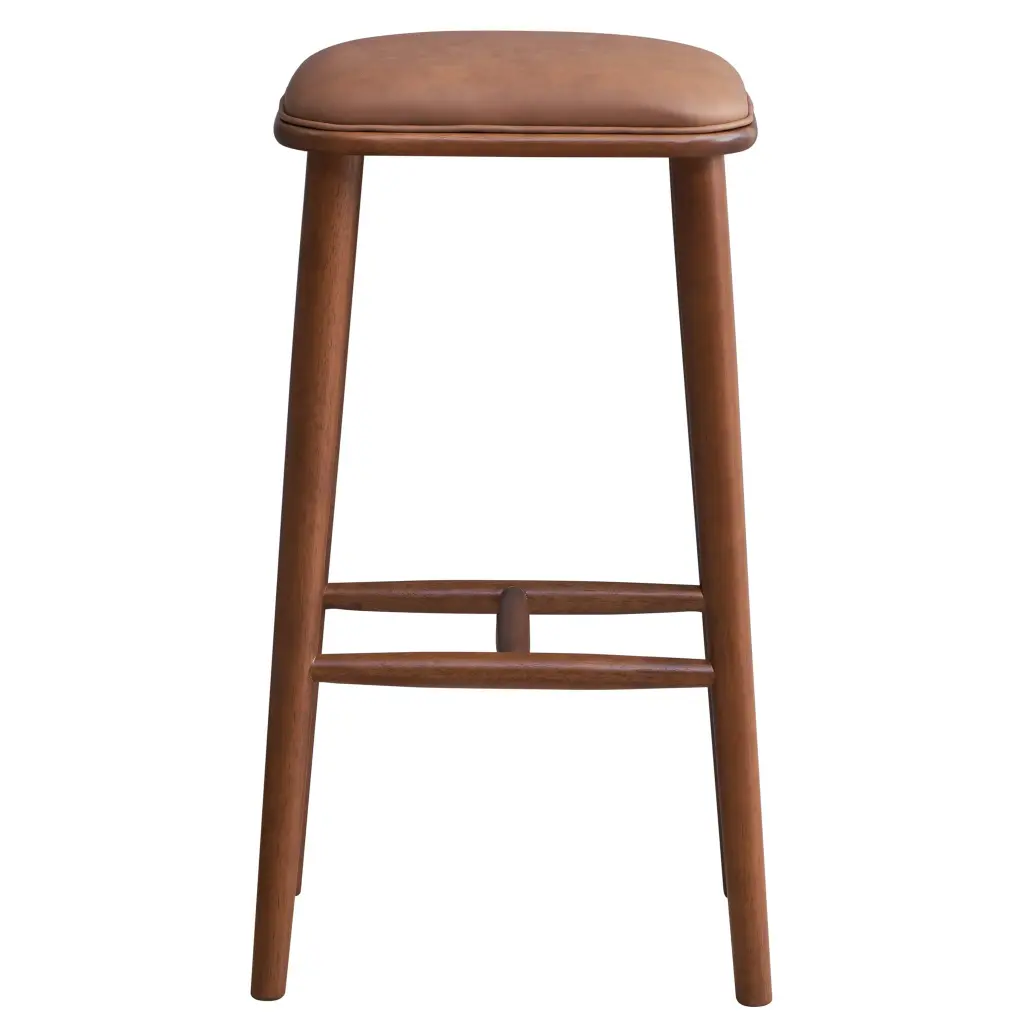 Jason Pu Leather Bar Stool Solid Brown Light Tan Wood Brown Dining Stool ashcroft furniture
