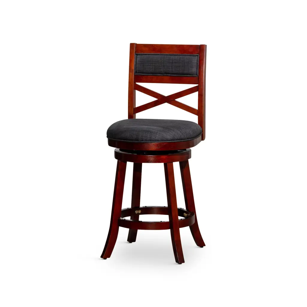 24 Inch Counter Height X Back Swivel Stool Cherry Finish Charcoal Upholstery dty home