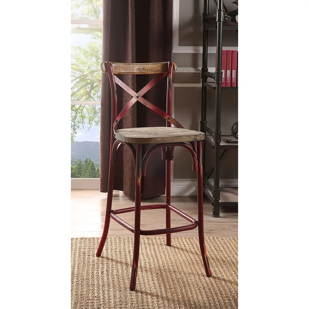 Antique Red and Oak Bar Stool Cross Back Dining Room Stool furniture max