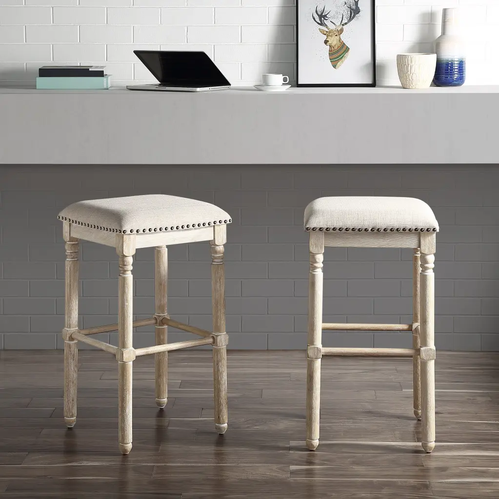 Arnhem Wood Upholstered Bar Stools Set 2 Tan Brown Dining Room Counter Stools hz