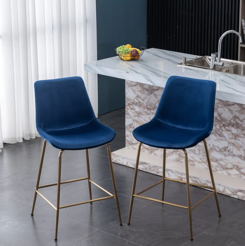 Aufurr Modern Velvet Counter Height Stool Set 2 Blue Bar Stools hz