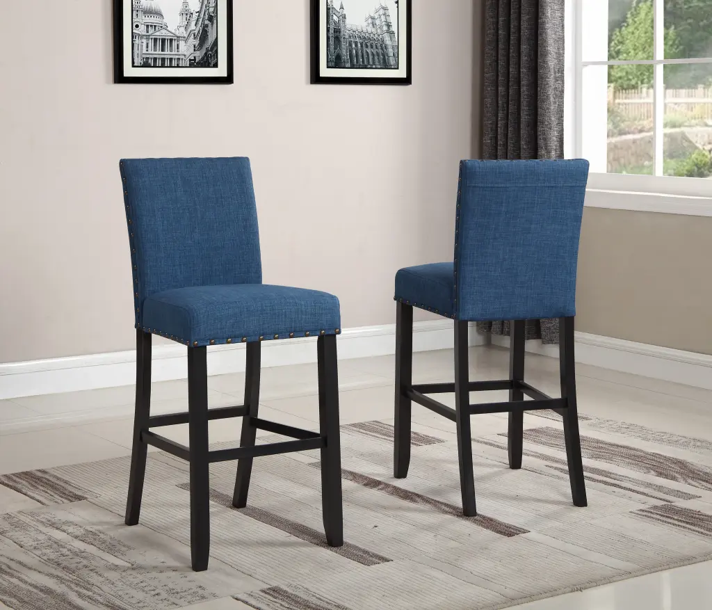 Biony Fabric Bar Stools Trim Set 2 Blue Wooden Counter Height Stools hz