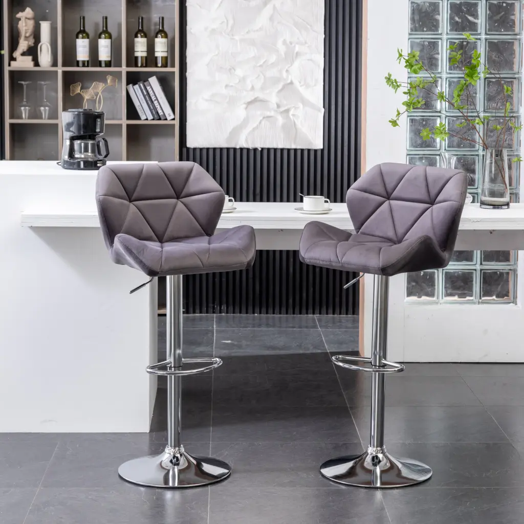 Breni Velvet Diamond Tufted Swivel Barstool Customizable Height Set 2 hz