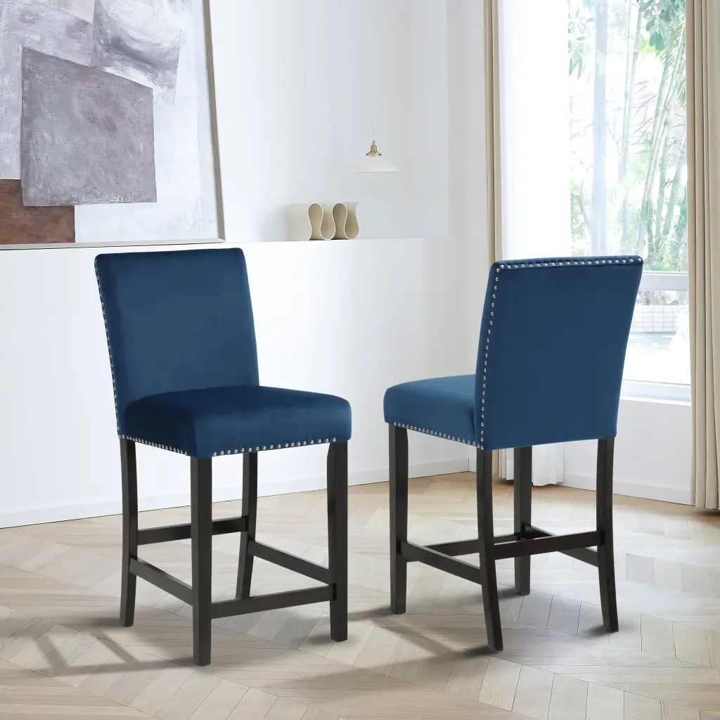 Cobre Contemporary Velvet Counter Stool Trim Set 2 Blue hz