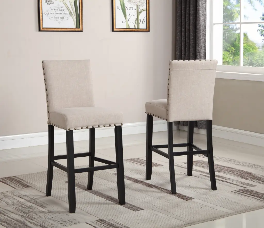Set 2 Biony Fabric Bar Stools Trim Tan Wood Counter Stools hz